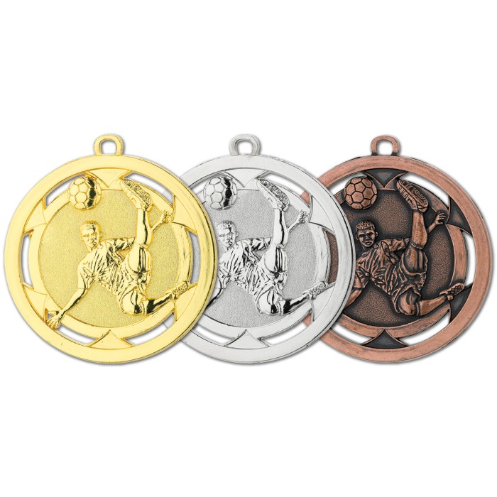 50MM FOOTBALL FOOTBALLER KICKING MEDAL - GOLD, SILVER & BRONZE